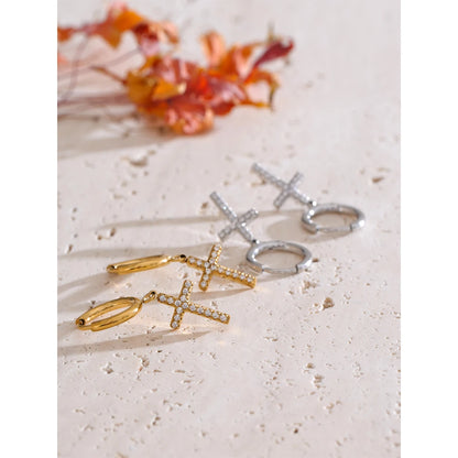 Brinco Argola Cruz Cristal Dourado Sofisticado