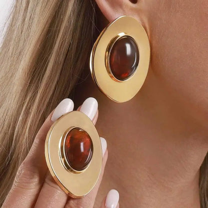 Brinco Dourado Oval com Pedra Marrom Feminino