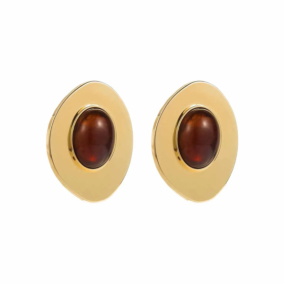 Brinco Dourado Oval com Pedra Marrom Feminino