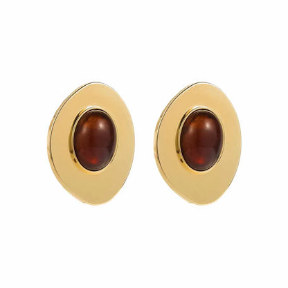 Brinco Dourado Oval com Pedra Marrom Feminino
