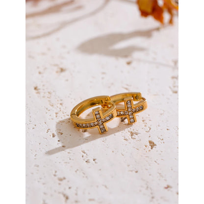 Brinco Argola Cruz Minimalista Cristal Dourado