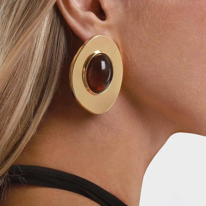 Brinco Dourado Oval com Pedra Marrom Feminino
