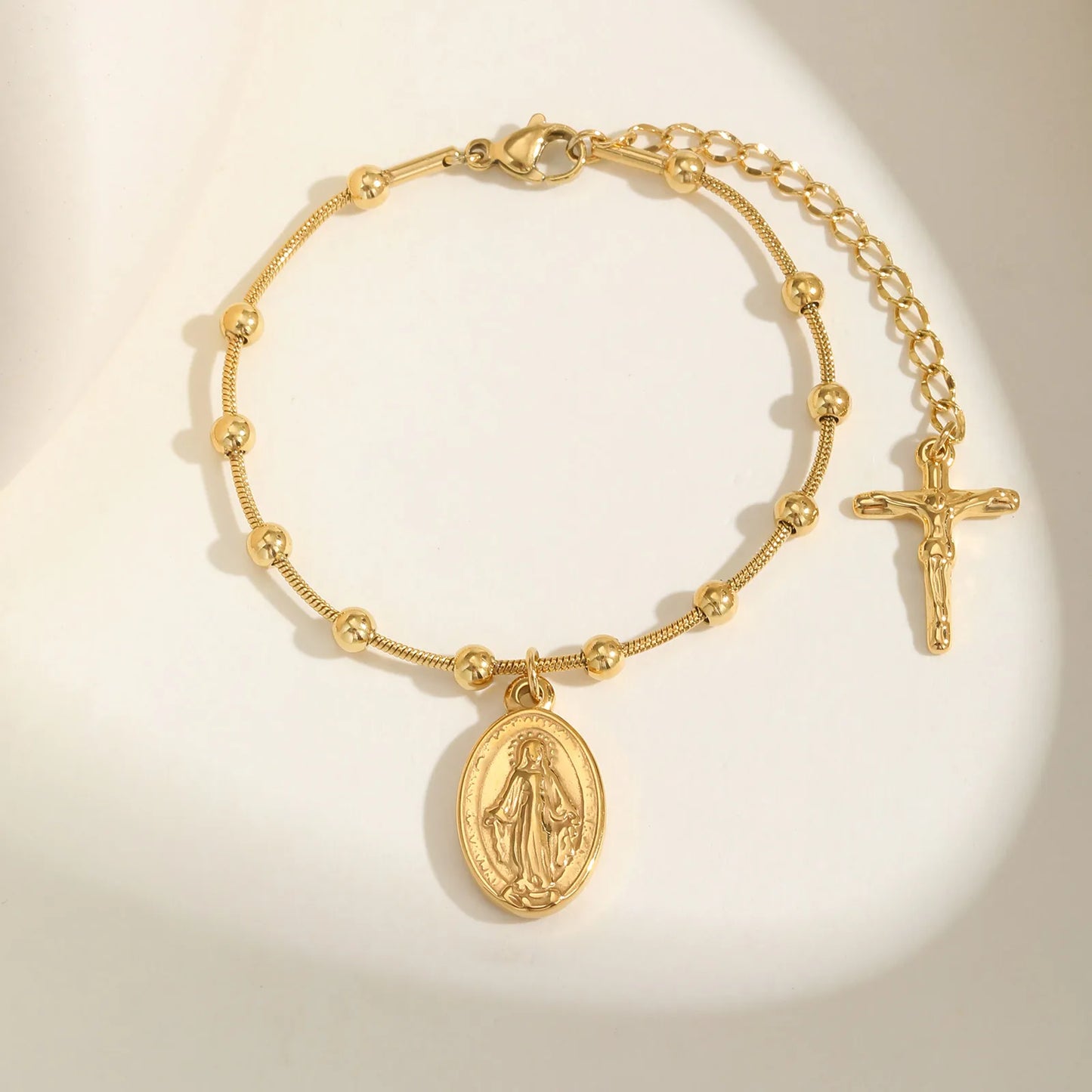 Pulseira Minimalista Nossa Senhora com Contas e Cruz Moderna