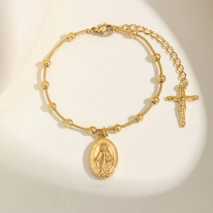 Pulseira Minimalista Nossa Senhora com Contas e Cruz Moderna