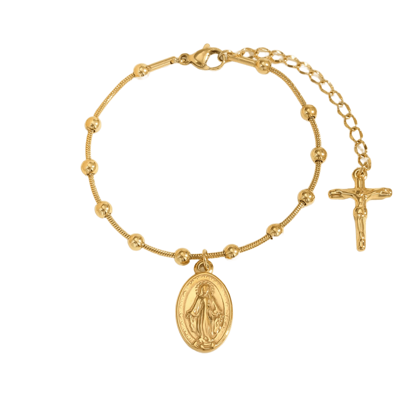 Pulseira Minimalista Nossa Senhora com Contas e Cruz Moderna