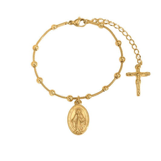 Pulseira Minimalista Nossa Senhora com Contas e Cruz Moderna