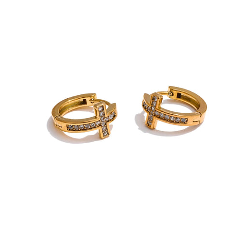 Brinco Argola Cruz Minimalista Cristal Dourado