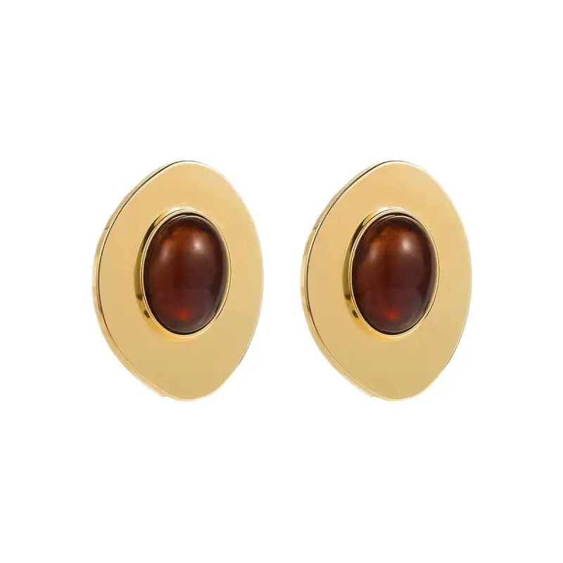 Brinco Dourado Oval com Pedra Marrom Feminino