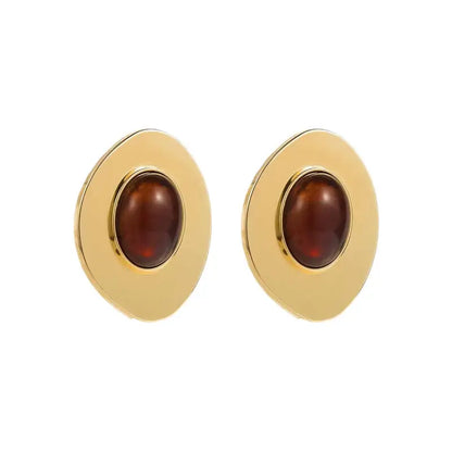 Brinco Dourado Oval com Pedra Marrom Feminino