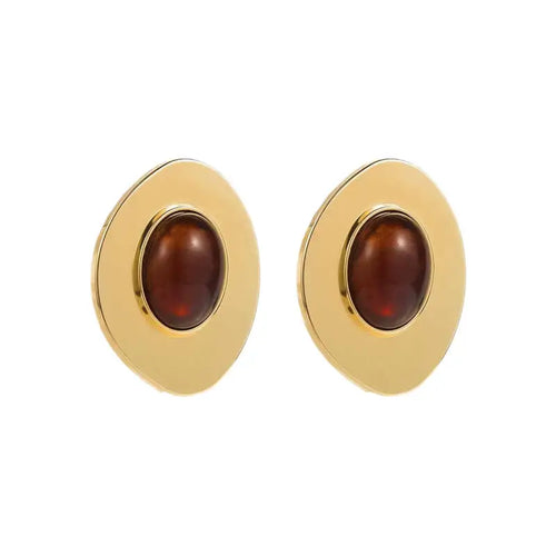 Brinco Dourado Oval com Pedra Marrom Feminino