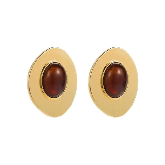 Brincos Dourado Oval com Pedra Marrom Feminino
