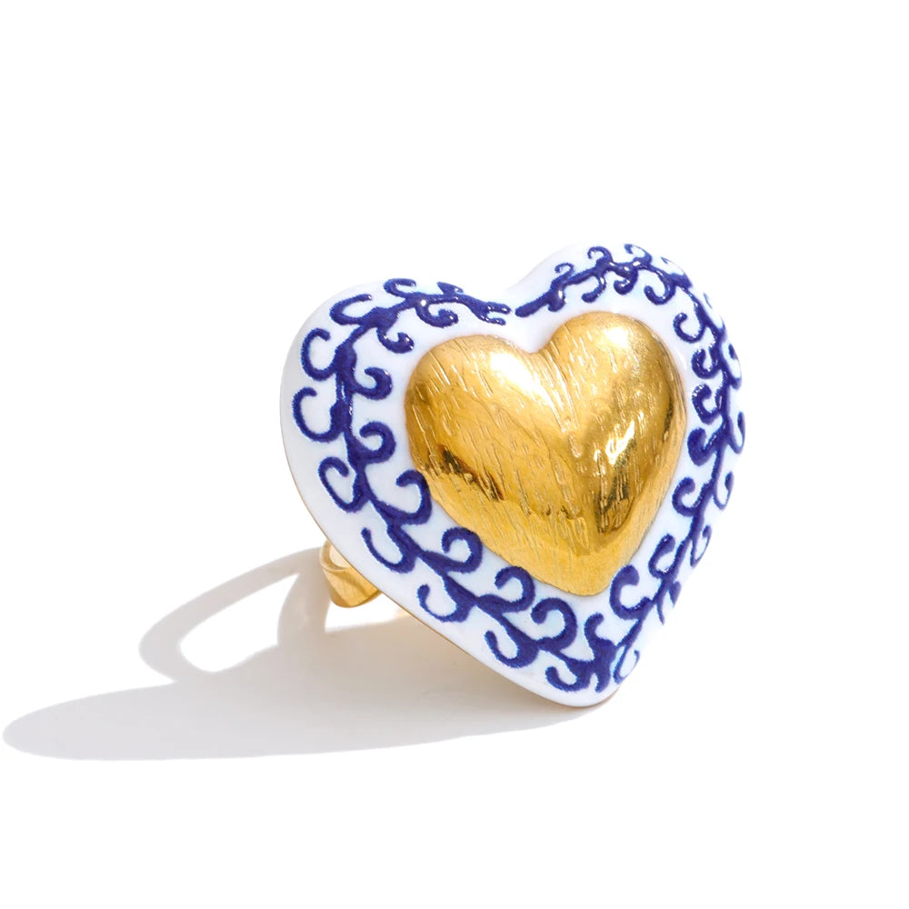 Anel Coração Dourado em Porcelana Azul Vintage Feminino