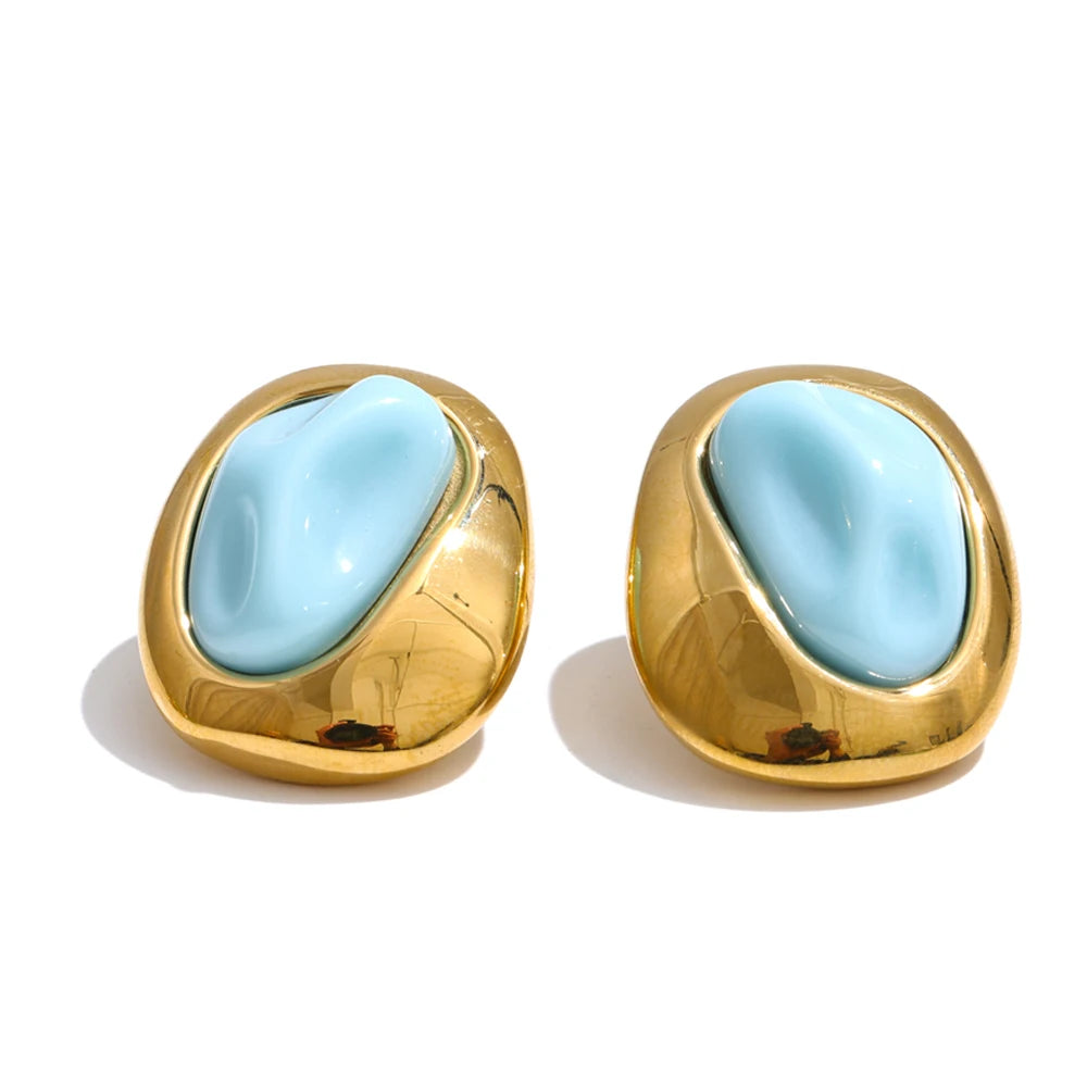 Brinco Dourado Orgânico com Pedra Azul Feminino