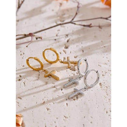 Brinco Argola Cruz Cristal Dourado Sofisticado