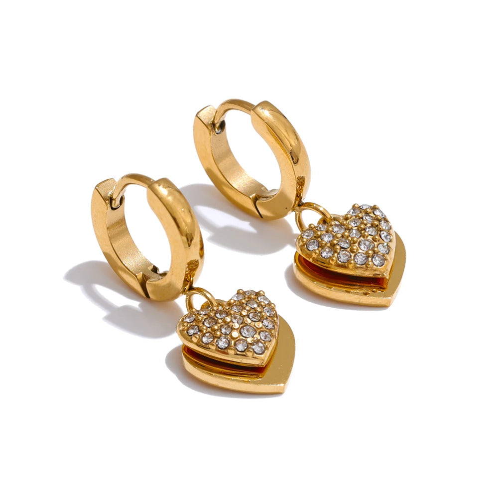Brinco Argola Coração Duplo Cristal Dourado Luxo