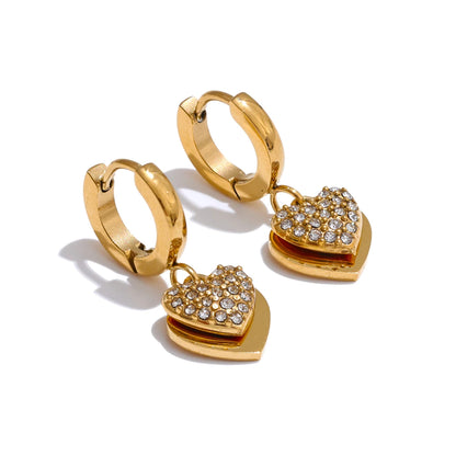 Brinco Argola Coração Duplo Cristal Dourado Luxo
