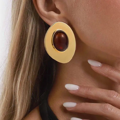 Brinco Dourado Oval com Pedra Marrom Feminino
