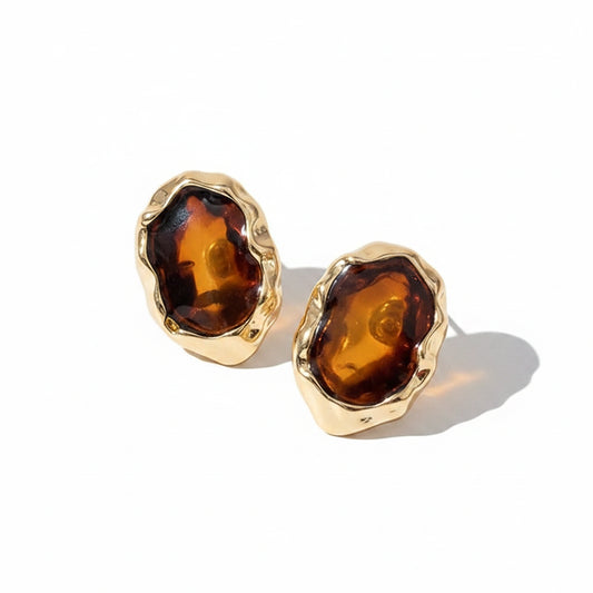Brincos Dourado com Resina Âmbar Feminino