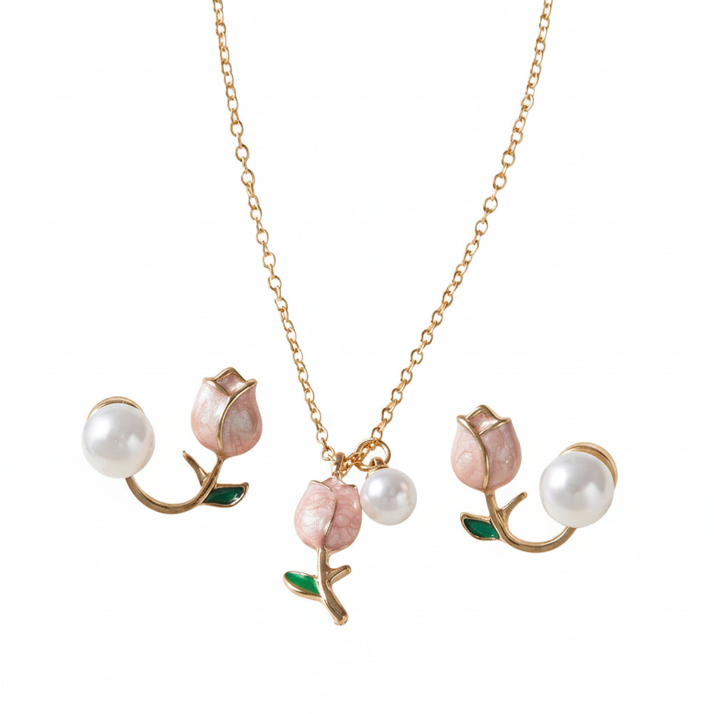 Conjunto Colar e Brincos Flor Pérola Dourado