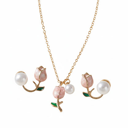 Conjunto Colar e Brincos Flor Pérola Dourado