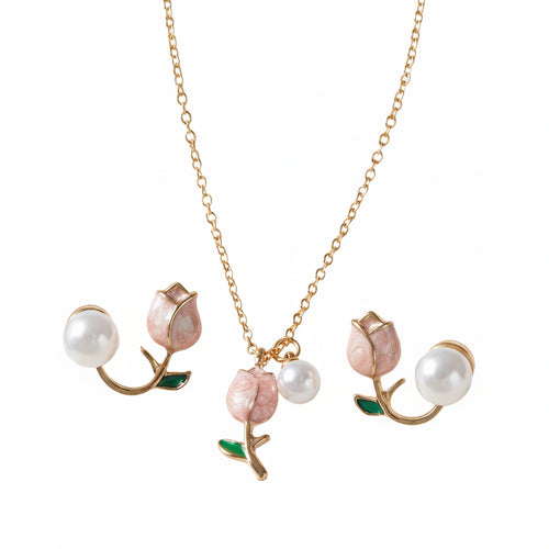 Conjunto Colar e Brincos Flor Pérola Dourado