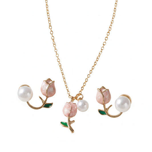 Conjunto Colar e Brincos Flor Pérola Dourado