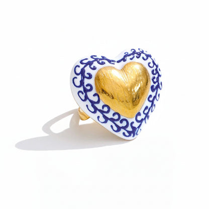 Anel Coração Dourado em Porcelana Azul Vintage Feminino
