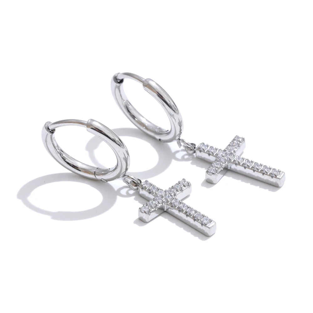 Brinco Argola Cruz Cristal Dourado Sofisticado