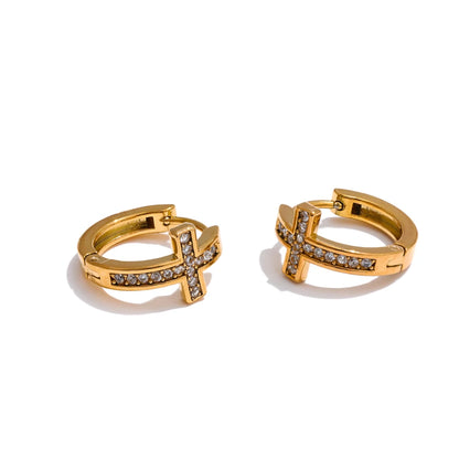 Brinco Argola Cruz Minimalista Cristal Dourado