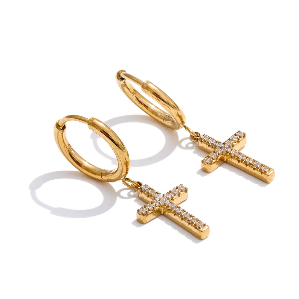 Brinco Argola Cruz Cristal Dourado Sofisticado