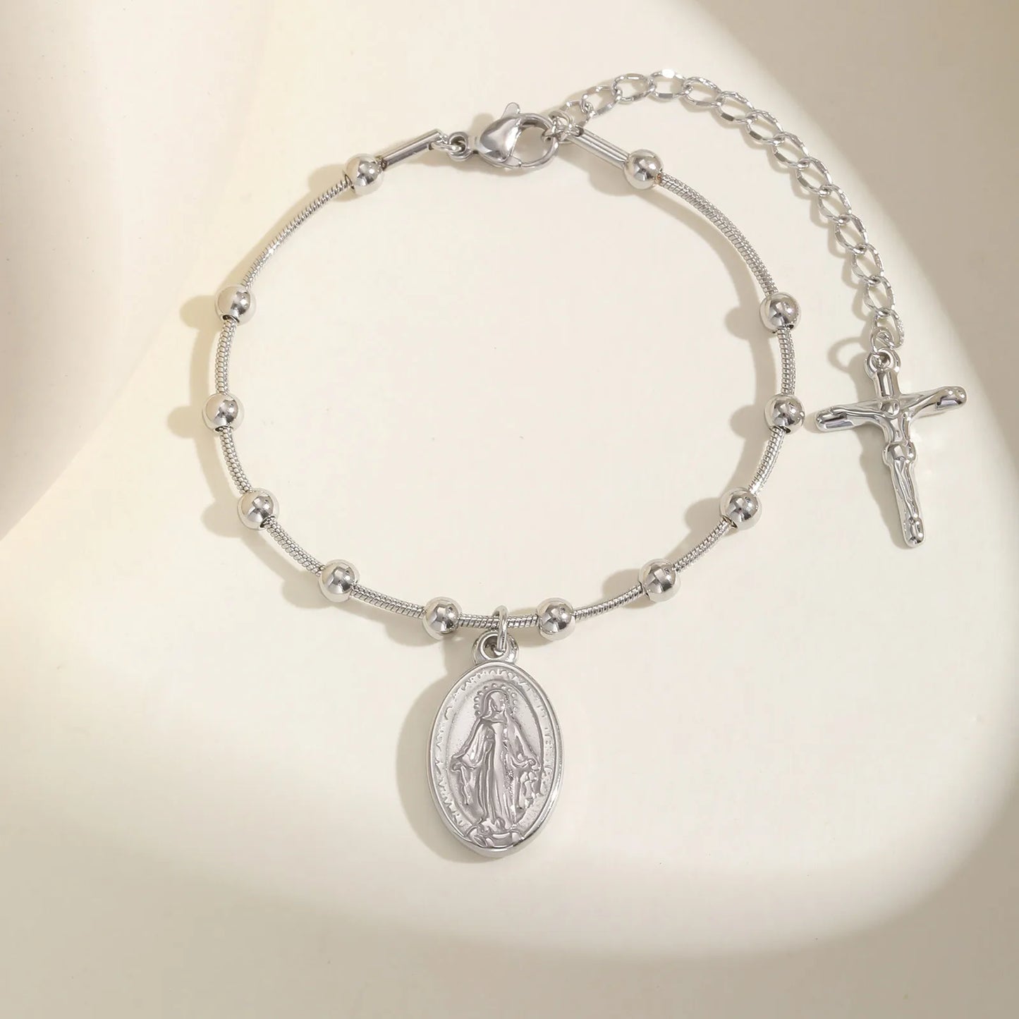 Pulseira Minimalista Nossa Senhora com Contas e Cruz Moderna