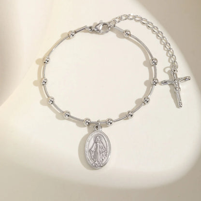 Pulseira Minimalista Nossa Senhora com Contas e Cruz Moderna