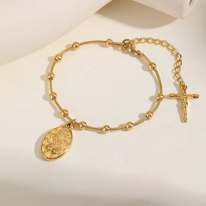 Pulseira Minimalista Nossa Senhora com Contas e Cruz Moderna