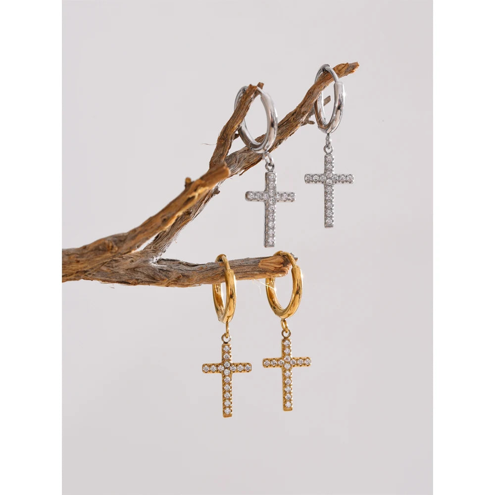 Brinco Argola Cruz Cristal Dourado Sofisticado