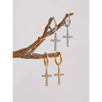 Brinco Argola Cruz Cristal Dourado Sofisticado