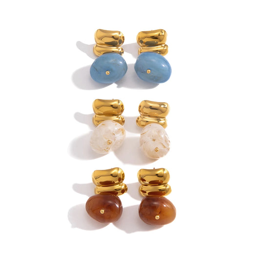 Brincos Dourado Orgânico com Pedra Colorida Feminino
