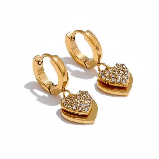 Brinco Argola Coração Duplo Cristal Dourado Luxo
