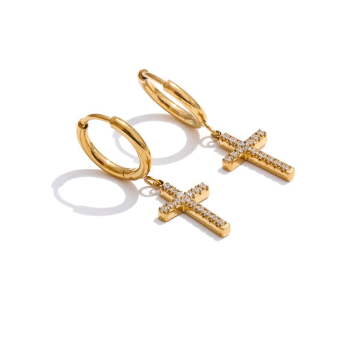Brinco Argola Cruz Cristal Dourado Sofisticado
