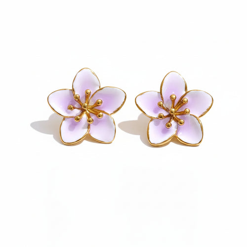 Brinco Flor Lilás Esmaltado Feminino com Detalhes Dourados Delicado e Elegante