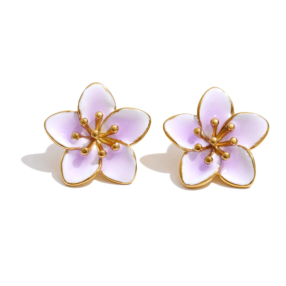 Brinco Flor Lilás Esmaltado Feminino com Detalhes Dourados Delicado e Elegante